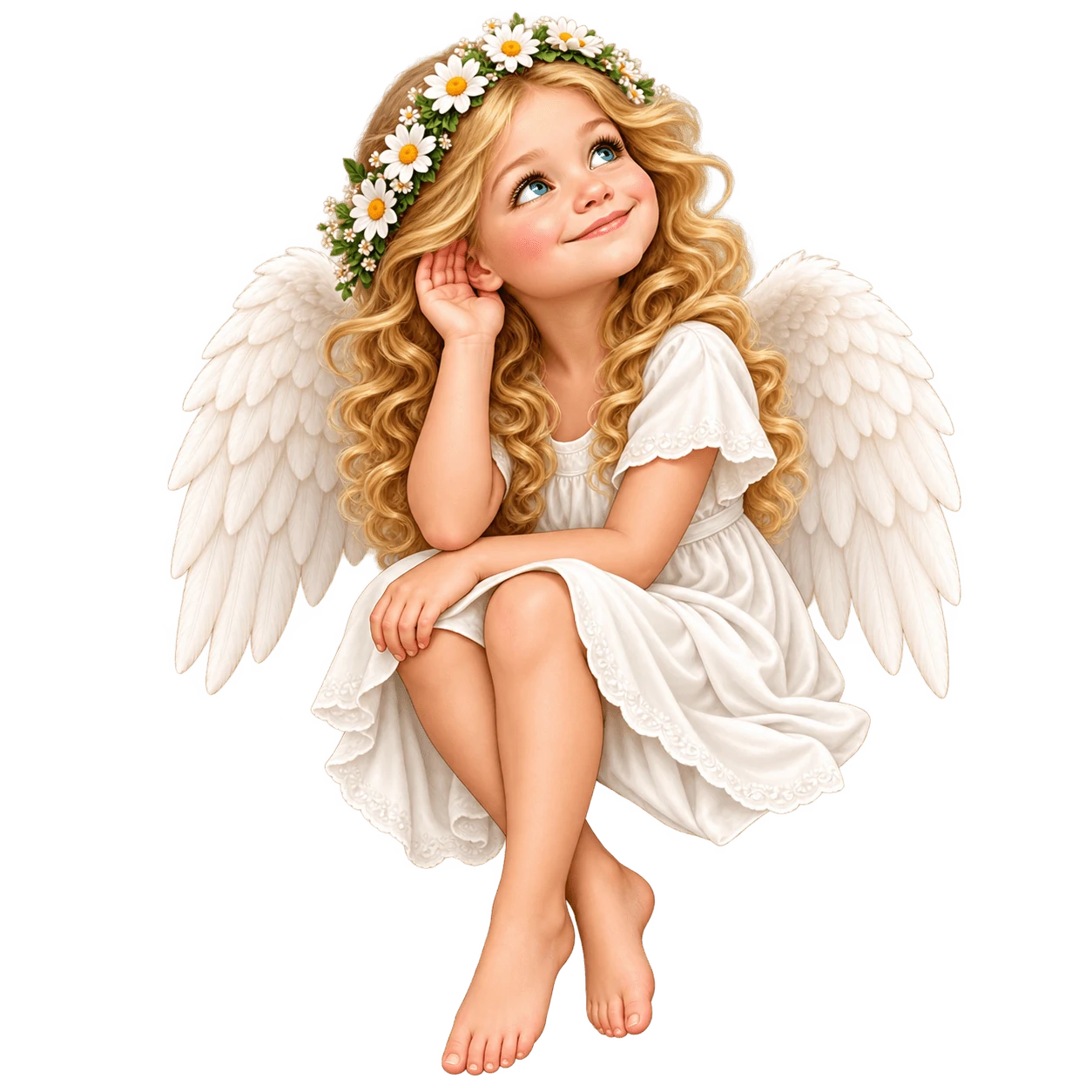 An angel sitting on the upper steps