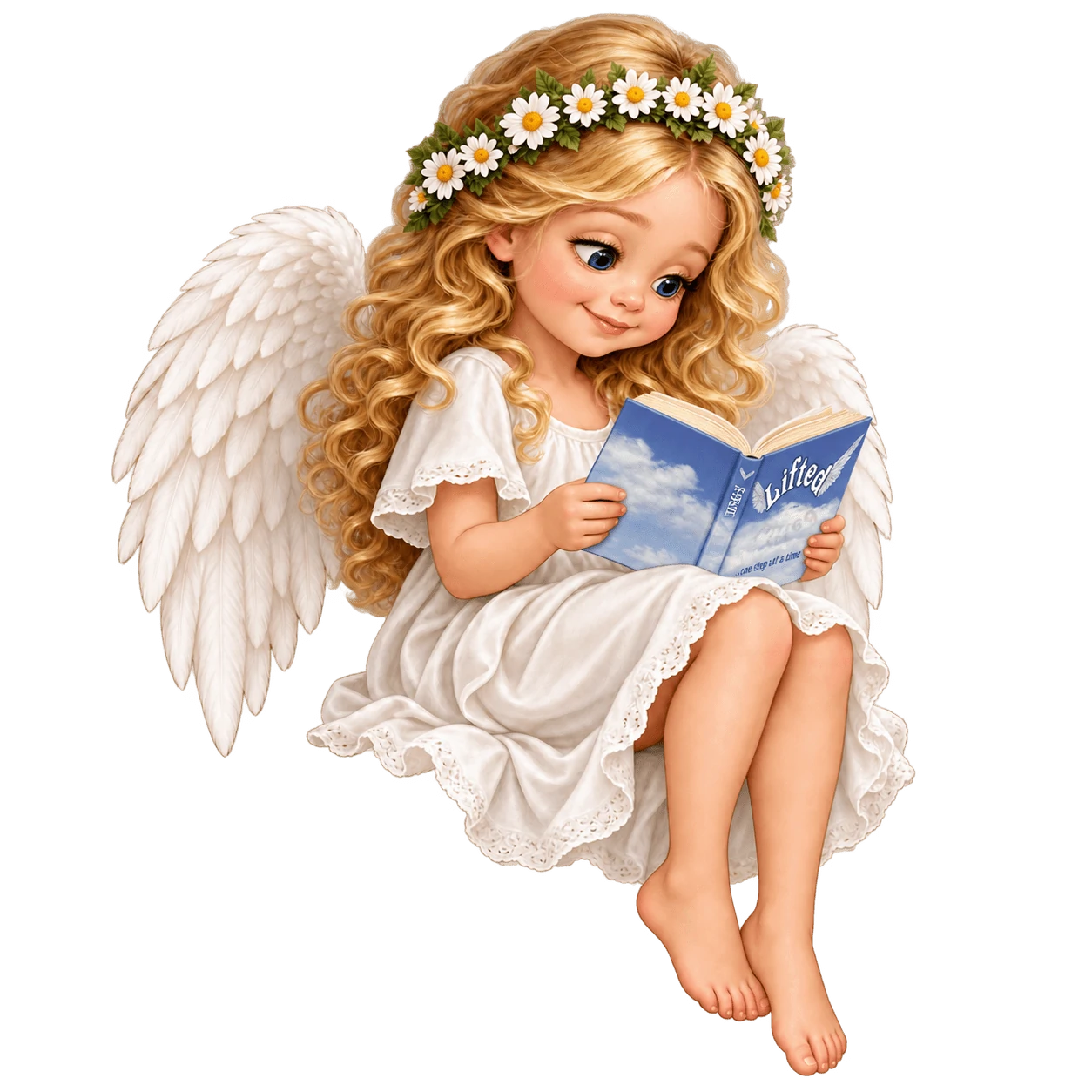 Angel reading Lifted while sitting on a cloud